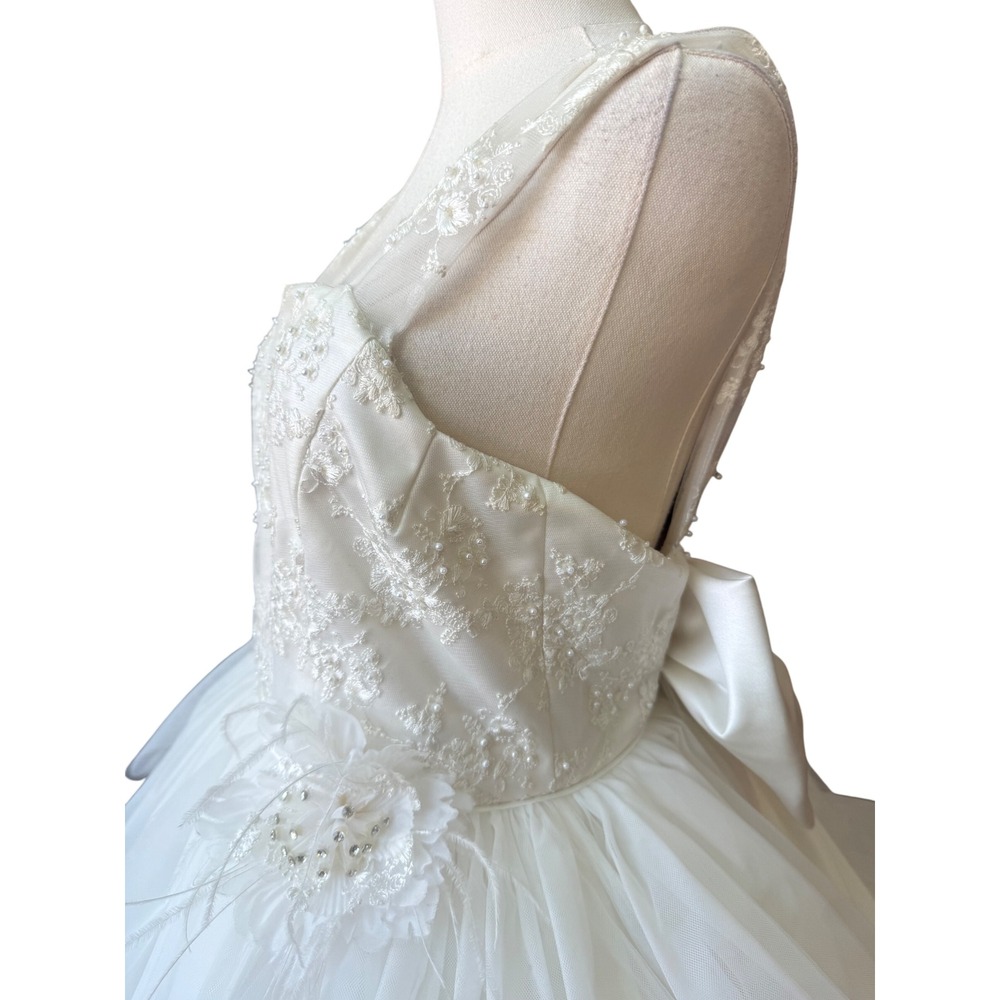 Vintage Tulle Beaded Tiered Ruffle A-Line Tea Length Wedding Dress Size 16 Bow - Picture 6 of 12
